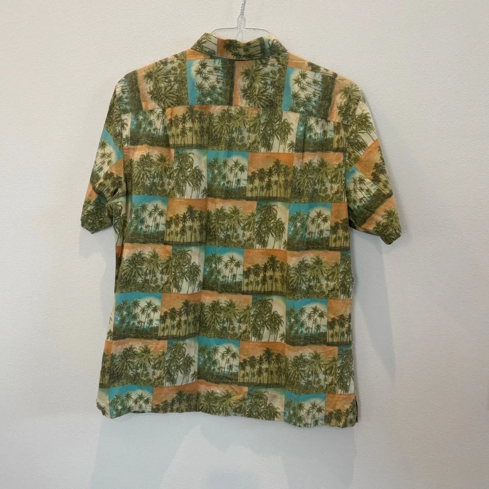 Tori Richard Hawaiian Shirt Tropical Palm Trees Print Size Large Tan Cotton Lawn